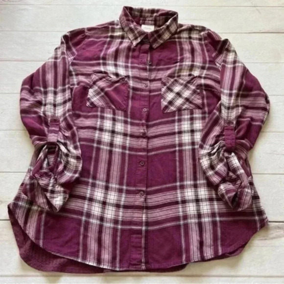 Knox Rose Tops - Knox Rose Womens L Waffle Knit Flannel Long Sleeve Plaid Button Up Purpl…